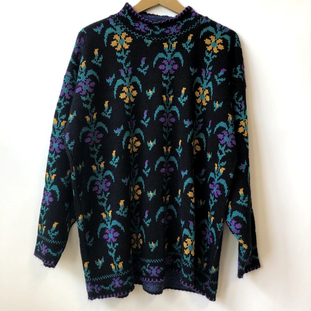 B.I. GEAR Sweater 80's Vintage Grandpa Style Floral Black Purple Women's L/XL